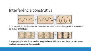 Interferência construtiva
A superposição de duas ondas transversais idênticas em fase produz uma onda
de maior amplitude.
A superposição de duas ondas longitudinais idênticas em fase produz uma
onda de aumento da intensidade.
 