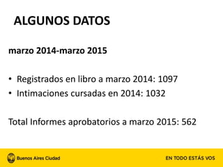 ALGUNOS DATOS
marzo 2014-marzo 2015
• Registrados en libro a marzo 2014: 1097
• Intimaciones cursadas en 2014: 1032
Total Informes aprobatorios a marzo 2015: 562
 