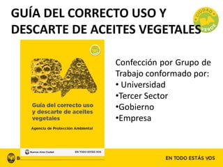 GUÍA DEL CORRECTO USO Y
DESCARTE DE ACEITES VEGETALES
15
Confección por Grupo de
Trabajo conformado por:
• Universidad
•Tercer Sector
•Gobierno
•Empresa
 