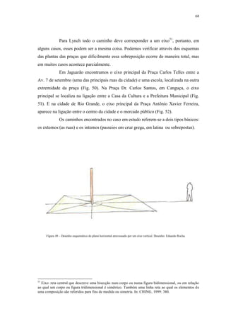 68
Para Lynch todo o caminho deve corresponder a um eixo51
, portanto, em
alguns casos, esses podem ser a mesma coisa. Podemos verificar através dos esquemas
das plantas das praças que dificilmente essa sobreposição ocorre de maneira total, mas
em muitos casos acontece parcialmente.
Em Jaguarão encontramos o eixo principal da Praça Carlos Telles entre a
Av. 7 de setembro (uma das principais ruas da cidade) e uma escola, localizada na outra
extremidade da praça (Fig. 50). Na Praça Dr. Carlos Santos, em Canguçu, o eixo
principal se localiza na ligação entre a Casa da Cultura e a Prefeitura Municipal (Fig.
51). E na cidade de Rio Grande, o eixo principal da Praça Antônio Xavier Ferreira,
aparece na ligação entre o centro da cidade e o mercado público (Fig. 52).
Os caminhos encontrados no caso em estudo referem-se a dois tipos básicos:
os externos (as ruas) e os internos (passeios em cruz grega, em latina ou sobrepostas).
51
Eixo: reta central que descreve uma bisecção num corpo ou numa figura bidimensional, ou em relação
ao qual um corpo ou figura tridimensional é simétrico. Também uma linha reta ao qual os elementos de
uma composição são referidos para fins de medida ou simetria. In: CHING, 1999: 380.
Figura 49 – Desenho esquemático do plano horizontal atravessado por um eixo vertical. Desenho: Eduardo Rocha.
 
