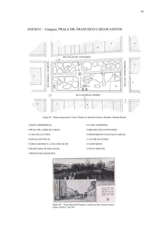 93
ANEXO C – Canguçu: PRAÇA DR. FRANCISCO CARLOS SANTOS
1 BANCO MERIDIONAL 8 CLUBE HARMONIA
2 PRAÇA DR. JAIME DE FARIAS 9 OBELISCO DO CENTENÁRIO
3 CASA DA CULTURA 10 MONUMENTO À GETULIO VARGAS
4 ESCOLA ESTADUAL 11 ALTAR DA PÁTRIA
5 IGREJA MATRIZ N. S. DA CONCEIÇÃO 12 SANITÁRIOS
6 SECRETARIA DE EDUCAÇÃO 13 PLAY-GROUND
7 PREFEITURA MUNICIPAL
1
2
3
45
6
7
8
9
10
11
12
13
RUA GENERAL OSÓRIO
RUA JÚLIO DE CASTILHOS
RUACEL.GENESBENTO
RUAMARIAC.M.BENTO
A
B
C
D
E
F
G
H
Figura 96 – Praça Marechal Floriano e trecho da Rua General Osório.
Fonte: COSTA, 1922:99.
Figura 95 – Planta esquemática. Fonte: Charles de Almeida Ferreira. Desenho: Eduardo Rocha.
 