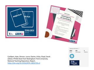 Cuthbert, Kate; Stinson, Laura; Davies, Vicky; Floyd, Sarah
(2021): PFHEA Deck from Nottingham Trent University.
National Teaching Repository. Report.
https://doi.org/10.25416/NTR.14892726.v2
 