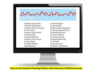 Professor Julie Hulme
Professor Sally Brown
Professor Simon Lancaster
Dr Chris Riley
Professor Susan Smith
Dr Mark Childs
Dr Emily McIntosh
Professor Colin Turner
Dr Gary Wood
Dr Helen Webster
Haleh Moravej
Dr Sam Elkington
Dr Neil Gordan
Professor Chris Headeland
Dr Harriet Dunbar-Morris
Dr Wendy Garnham
Dr Emma Gillaspy
Dr Jenny Lawrence
Professor Helen King
Dr Viv Rolfe
Dr Duncan Cross
Professor Jo Rushforth
Some of the National Teaching Fellows who have been #LTHEchat Guests
 