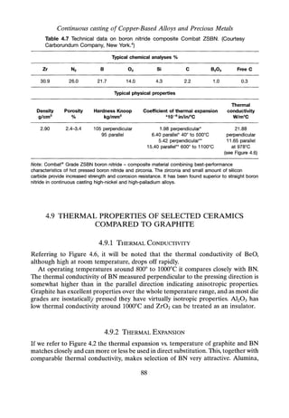 Continuous casting of Copper-Based Alloys and Precious Metals
Table 4.7 Technical data on boron nitride composite Combat ZSBN. (Courtesy
Carborundum Company, New York')
Typical chemical analyses 0/0
Zr B Si C Free C
30.9 26.0 21.7 14.0 4.3 2.2 1.0 0.3
Typical physical properties
Density
g/cm3
Porosity
%
Hardness Knoop
kg/mm2
Coefficient of thermal expansion
*10-6
in/in/oC
Thermal
conductivity
W/moC
2.90 2.4-3.4 105 perpendicular
95 parallel
1.98 perpendicular*
6.40 parallel" 40° to 500°C
5.42 perpendicular**
15.40 parallel" 600° to 11OO°C
21.88
perpendicular
11.65 parallel
at 978°C
(see Figure 4.6)
Note: Combat" Grade ZSBN boron nitride - composite material combining best-performance
characteristics of hot pressed boron nitride and zirconia. The zirconia and small amount of silicon
carbide provide increased strength and corrosion resistance. It has been found superior to straight boron
nitride in continuous casting high-nickel and high-palladium alloys.
4.9 THERMAL PROPERTIES OF SELECTED CERAMICS
COMPARED TO GRAPHITE
4.9.1 THERMAL CONDUCTIVITY
Referring to Figure 4.6, it will be noted that the thermal conductivity of BeO,
although high at room temperature, drops off rapidly.
At operating temperatures around 800° to 10000
e it compares closely with BN.
The thermal conductivity of BN measured perpendicular to the pressing direction is
somewhat higher than in the parallel direction indicating anisotropic properties.
Graphite has excellent properties over the whole temperature range, and as most die
grades are isostatically pressed they have virtually isotropic properties. Al203 has
low thermal conductivity around 10000
e and Zr02 can be treated as an insulator.
4.9.2 THERMAL EXPANSION
If we refer to Figure 4.2 the thermal expansion vs. temperature of graphite and BN
matches closely and canmore or less be used in direct substitution. This, together with
comparable thermal conductivity, makes selection of BN very attractive. Alumina,
88
 