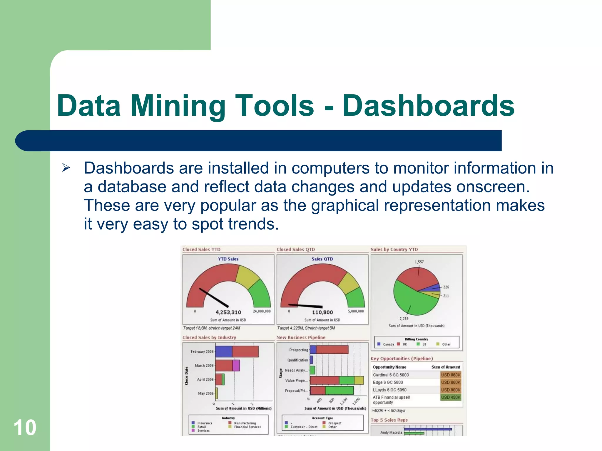 Data Mining Tools - Dashboards Dashboards are installed in computers to monitor information in a database and reflect data changes and updates onscreen. These are very popular as the graphical representation makes it very easy to spot trends.  