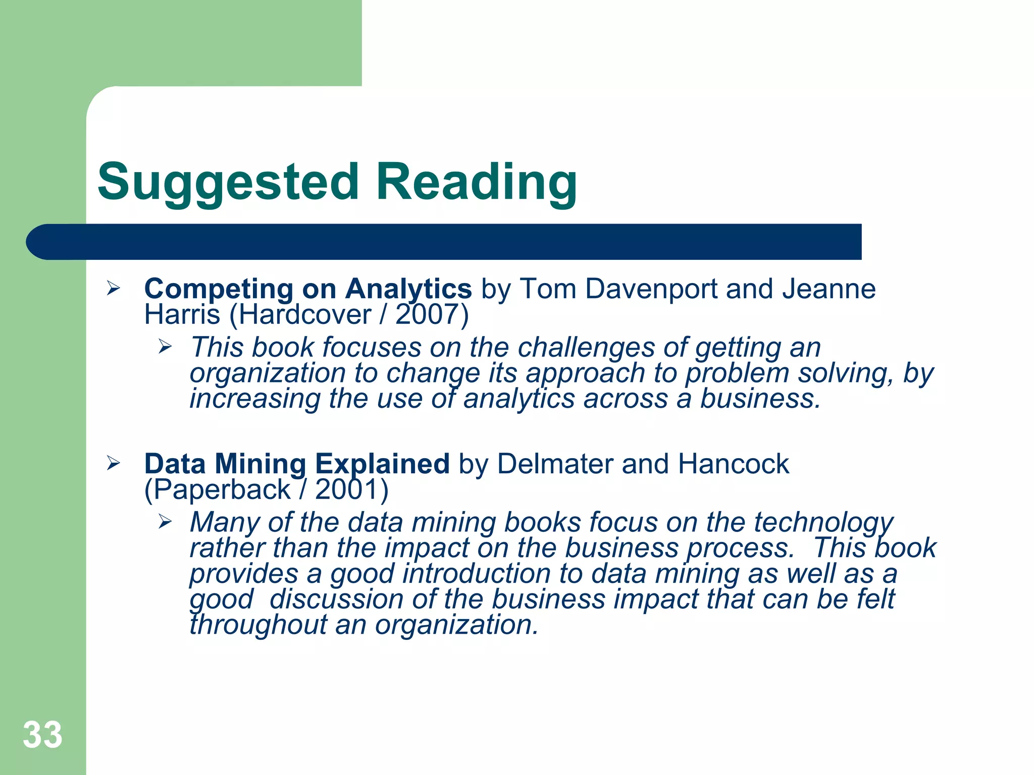 Suggested Reading Competing on Analytics  by Tom Davenport and Jeanne Harris (Hardcover / 2007) This book focuses on the challenges of getting an organization to change its approach to problem solving, by increasing the use of analytics across a business.   Data Mining Explained  by   Delmater and Hancock (Paperback / 2001) Many of the data mining books focus on the technology rather than the impact on the business process.  This book provides a good introduction to data mining as well as a good  discussion of the business impact that can be felt throughout an organization.  
