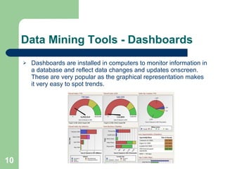 Data Mining Tools - Dashboards Dashboards are installed in computers to monitor information in a database and reflect data changes and updates onscreen. These are very popular as the graphical representation makes it very easy to spot trends.  