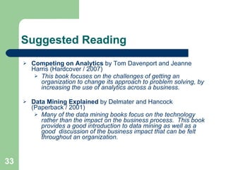 Suggested Reading Competing on Analytics  by Tom Davenport and Jeanne Harris (Hardcover / 2007) This book focuses on the challenges of getting an organization to change its approach to problem solving, by increasing the use of analytics across a business.   Data Mining Explained  by   Delmater and Hancock (Paperback / 2001) Many of the data mining books focus on the technology rather than the impact on the business process.  This book provides a good introduction to data mining as well as a good  discussion of the business impact that can be felt throughout an organization.  