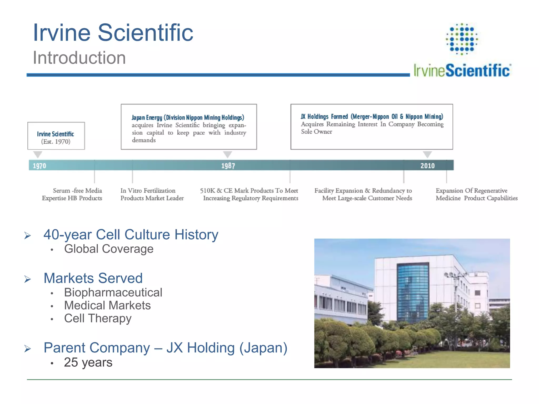 Irvine Scientific
Introduction



40-year Cell Culture History
•



Markets Served
•
•
•



Global Coverage

Biopharmaceutical
Medical Markets
Cell Therapy

Parent Company – JX Holding (Japan)
•

25 years

 