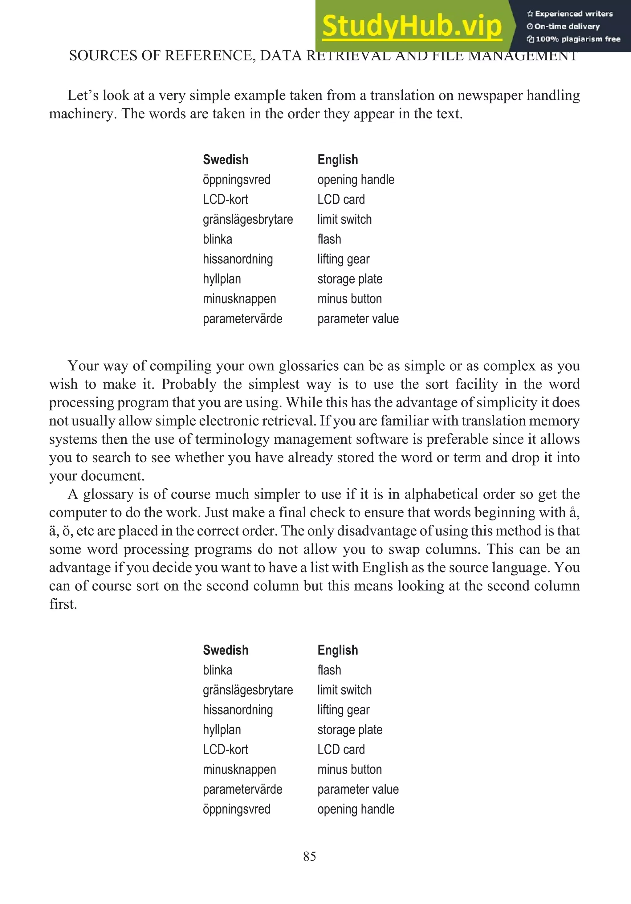 Let’s look at a very simple example taken from a translation on newspaper handling
machinery. The words are taken in the order they appear in the text.
Swedish English
öppningsvred opening handle
LCD-kort LCD card
gränslägesbrytare limit switch
blinka flash
hissanordning lifting gear
hyllplan storage plate
minusknappen minus button
parametervärde parameter value
Your way of compiling your own glossaries can be as simple or as complex as you
wish to make it. Probably the simplest way is to use the sort facility in the word
processing program that you are using. While this has the advantage of simplicity it does
not usually allow simple electronic retrieval. If you are familiar with translation memory
systems then the use of terminology management software is preferable since it allows
you to search to see whether you have already stored the word or term and drop it into
your document.
A glossary is of course much simpler to use if it is in alphabetical order so get the
computer to do the work. Just make a final check to ensure that words beginning with å,
ä, ö, etc are placed in the correct order. The only disadvantage of using this method is that
some word processing programs do not allow you to swap columns. This can be an
advantage if you decide you want to have a list with English as the source language. You
can of course sort on the second column but this means looking at the second column
first.
Swedish English
blinka flash
gränslägesbrytare limit switch
hissanordning lifting gear
hyllplan storage plate
LCD-kort LCD card
minusknappen minus button
parametervärde parameter value
öppningsvred opening handle
85
SOURCES OF REFERENCE, DATA RETRIEVAL AND FILE MANAGEMENT
 