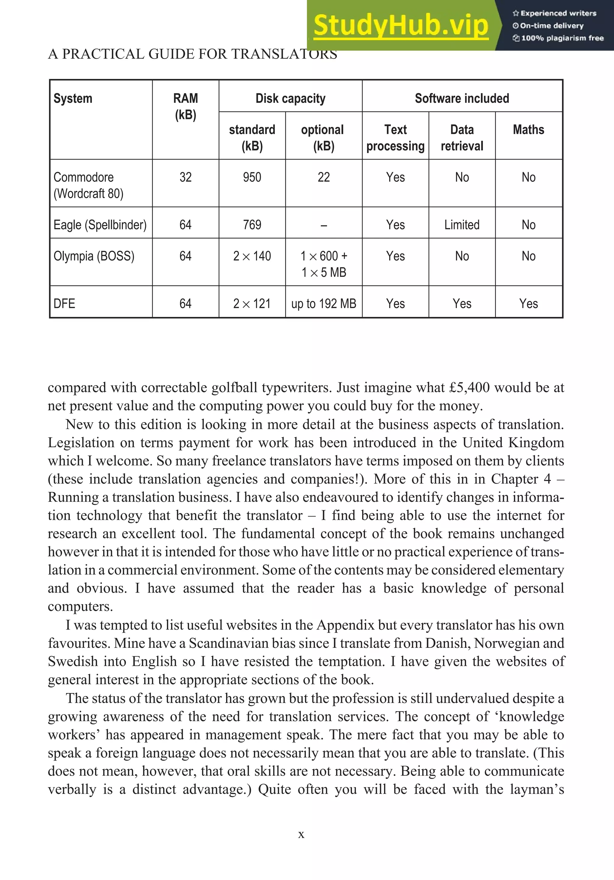 compared with correctable golfball typewriters. Just imagine what £5,400 would be at
net present value and the computing power you could buy for the money.
New to this edition is looking in more detail at the business aspects of translation.
Legislation on terms payment for work has been introduced in the United Kingdom
which I welcome. So many freelance translators have terms imposed on them by clients
(these include translation agencies and companies!). More of this in in Chapter 4 –
Running a translation business. I have also endeavoured to identify changes in informa-
tion technology that benefit the translator – I find being able to use the internet for
research an excellent tool. The fundamental concept of the book remains unchanged
however in that it is intended for those who have little or no practical experience of trans-
lation in a commercial environment. Some of the contents may be considered elementary
and obvious. I have assumed that the reader has a basic knowledge of personal
computers.
I was tempted to list useful websites in the Appendix but every translator has his own
favourites. Mine have a Scandinavian bias since I translate from Danish, Norwegian and
Swedish into English so I have resisted the temptation. I have given the websites of
general interest in the appropriate sections of the book.
The status of the translator has grown but the profession is still undervalued despite a
growing awareness of the need for translation services. The concept of ‘knowledge
workers’ has appeared in management speak. The mere fact that you may be able to
speak a foreign language does not necessarily mean that you are able to translate. (This
does not mean, however, that oral skills are not necessary. Being able to communicate
verbally is a distinct advantage.) Quite often you will be faced with the layman’s
x
A PRACTICAL GUIDE FOR TRANSLATORS
System RAM
(kB)
Disk capacity Software included
standard
(kB)
optional
(kB)
Text
processing
Data
retrieval
Maths
Commodore
(Wordcraft 80)
32 950 22 Yes No No
Eagle (Spellbinder) 64 769 – Yes Limited No
Olympia (BOSS) 64 2 × 140 1 × 600 +
1 × 5 MB
Yes No No
DFE 64 2 × 121 up to 192 MB Yes Yes Yes
 