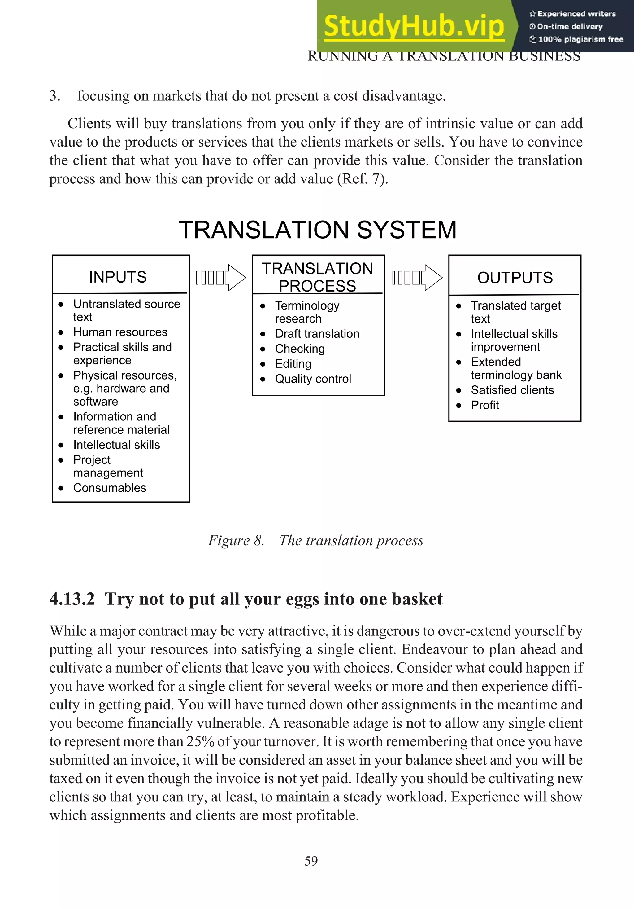 3. focusing on markets that do not present a cost disadvantage.
Clients will buy translations from you only if they are of intrinsic value or can add
value to the products or services that the clients markets or sells. You have to convince
the client that what you have to offer can provide this value. Consider the translation
process and how this can provide or add value (Ref. 7).
Figure 8. The translation process
4.13.2 Try not to put all your eggs into one basket
While a major contract may be very attractive, it is dangerous to over-extend yourself by
putting all your resources into satisfying a single client. Endeavour to plan ahead and
cultivate a number of clients that leave you with choices. Consider what could happen if
you have worked for a single client for several weeks or more and then experience diffi-
culty in getting paid. You will have turned down other assignments in the meantime and
you become financially vulnerable. A reasonable adage is not to allow any single client
to represent more than 25% of your turnover. It is worth remembering that once you have
submitted an invoice, it will be considered an asset in your balance sheet and you will be
taxed on it even though the invoice is not yet paid. Ideally you should be cultivating new
clients so that you can try, at least, to maintain a steady workload. Experience will show
which assignments and clients are most profitable.
59
RUNNING A TRANSLATION BUSINESS
INPUTS
Untranslated source
text
Human resources
Practical skills and
experience
Physical resources,
e.g. hardware and
software
Information and
reference material
Intellectual skills
Project
management
Consumables
TRANSLATION
PROCESS
Terminology
research
Draft translation
Checking
Editing
Quality control
OUTPUTS
Translated target
text
Intellectual skills
improvement
Extended
terminology bank
Satisfied clients
Profit
TRANSLATION SYSTEM
 