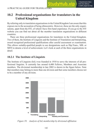10.2 Professional organisations for translators in the
United Kingdom
By referring only to translation organisations in the United Kingdom I am aware that this
exposes me to the accusation of being ethnocentric. However, these are the only organi-
sations, apart from the FIT, of which I have first hand experience. If you go to the FIT
website you can find out about all the member translation organisations in different
countries.
There are three professional organisations for translators in the United Kingdom.
Two of them, the Institute of Linguists and the Institute of Translation and Interpreting,
award recognised professional qualifications after careful assessment or examination.
This allows suitably-qualified people to use designations such as Dip.Trans., MIL or
MITI to denote a level of achievement. Let’s look at each of the three organisations in
detail.
10.2.1 The Institute of Linguists
The Institute of Linguists (IoL) was founded in 1910 to serve the interests of all pro-
fessional linguists. It currently has around 6,400 Fellows, Members and Associate
members. The divisional membership in late 2002 is shown in the figure below. Note
that members may belong to more than one division and that some members choose not
to be a member of any division.
142
A PRACTICAL GUIDE FOR TRANSLATORS
Translating
Interpreting
Education
Industry and Commerce
0
500
1000
1500
2000
2500
3000
3500
Figure 19. Analysis of IoL membership by divisional affiliation
 