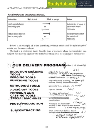 Positioning and spacing (continued)
Instruction Mark in text Mark in margin Notes
Insert space between
lines/paragraphs or
Indicate size of space to
be inserted where
necessary
Reduce space between
lines or paragraphs or
Indicate the amount of
the reduction if
necessary
Below is an example of a text containing common errors and the relevant proof
marks, and the corrected text.
The text is a photocopy taken directly from a brochure where the translation into
English was made by a person who did not have English as his language of habitual use.
180
A PRACTICAL GUIDE FOR TRANSLATORS
 