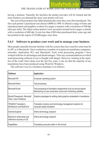 having a printout. Naturally the facilities the printer provides will be limited and the
more features you demand the more your printer will cost.
The cost of laser printers has fallen dramatically since they were first introduced. The
first such printer I purchased cost almost £4000 in 1990. It offered a range of fonts and
reproduced print and graphics at about five pages a minutes with a resolution of 300 dpi
(dots per inch). The inkjet colour printer I now use prints around twelve pages a minute
with a resolution of 600 dpi. It cost less than £300 when purchased three years ago and
has printed in the region of 45,000 pages since then.
5.4.3 Software to produce your work and to manage your business
Most people naturally become familiar with the system they have used for some time be
it a PC or a Macintosh. I have worked on a number of systems on mainframe computers,
networks, stand-alone PCs and Macintosh. Each word processing program I have
worked with has its advantages and disadvantages. Thus any recommendation on which
word processing software to use is fraught with danger. However, looking at the statis-
tics of the work I have done over the last five years, I can see that the majority of my
translations have been produced using Word for Windows.
The software I use as a freelance translator is as follows:
Software Application
Microsoft XP Computer operating system
Microsoft Word Text processing
Microsoft Excel Text processing of translation assignments such as annual reports
Maintaining my own production record and monitoring cashflow
Microft Powerpoint, Microsoft
Visio, Lotus Freelance
Graphics packages for editing client graphics embedded in translations
TRADOS Translator’s
Workbench and MultiTerm
Translation memory and terminology management systems for
computer-aided translation
Internet Explorer Online terminology research
Electronic dictionaries and
reference sources on CD
Online terminology research
PageMaker Translating manuals written in this format
69
THE TRANSLATOR AT WORK AND THE TOOLS OF THE TRADE
 