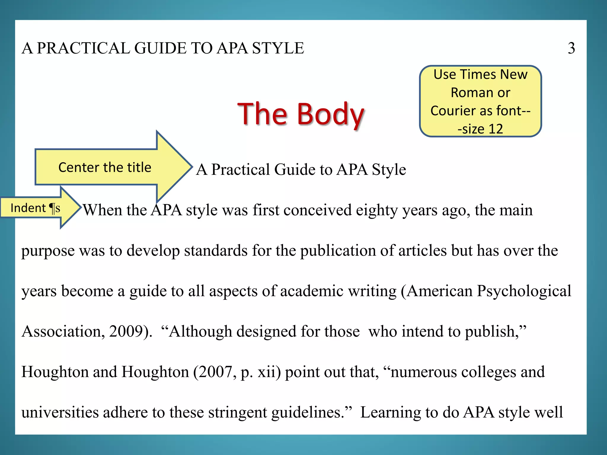 A PRACTICAL GUIDE TO APA STYLE 3
The Body
A Practical Guide to APA Style
When the APA style was first conceived eighty years ago, the main
purpose was to develop standards for the publication of articles but has over the
years become a guide to all aspects of academic writing (American Psychological
Association, 2009). “Although designed for those who intend to publish,”
Houghton and Houghton (2007, p. xii) point out that, “numerous colleges and
universities adhere to these stringent guidelines.” Learning to do APA style well
Center the title
Indent ¶s
Use Times New
Roman or
Courier as font--
-size 12
 