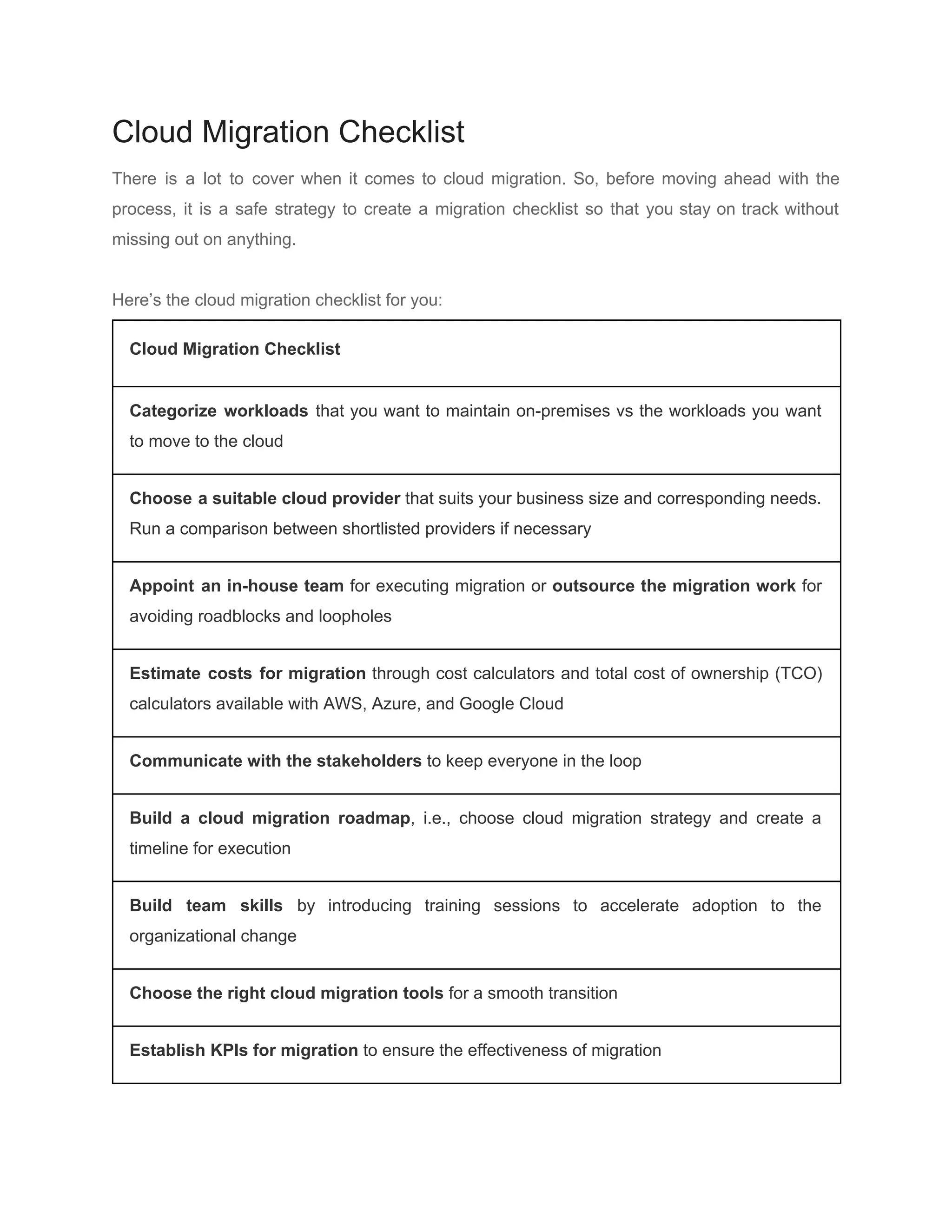 Cloud Migration Checklist
There is a lot to cover when it comes to cloud migration. So, before moving ahead with the
process, it is a safe strategy to create a migration checklist so that you stay on track without
missing out on anything.
Here’s the cloud migration checklist for you:
Cloud Migration Checklist
Categorize workloads that you want to maintain on-premises vs the workloads you want
to move to the cloud
Choose a suitable cloud provider that suits your business size and corresponding needs.
Run a comparison between shortlisted providers if necessary
Appoint an in-house team for executing migration or ​outsource the migration work for
avoiding roadblocks and loopholes
Estimate costs for migration through cost calculators and total cost of ownership (TCO)
calculators available with AWS, Azure, and Google Cloud
Communicate with the stakeholders​ to keep everyone in the loop
Build a cloud migration roadmap​, i.e., choose cloud migration strategy and create a
timeline for execution
Build team skills by introducing training sessions to accelerate adoption to the
organizational change
Choose the right cloud migration tools ​for a smooth transition
Establish KPIs for migration ​to ensure the effectiveness of migration
 