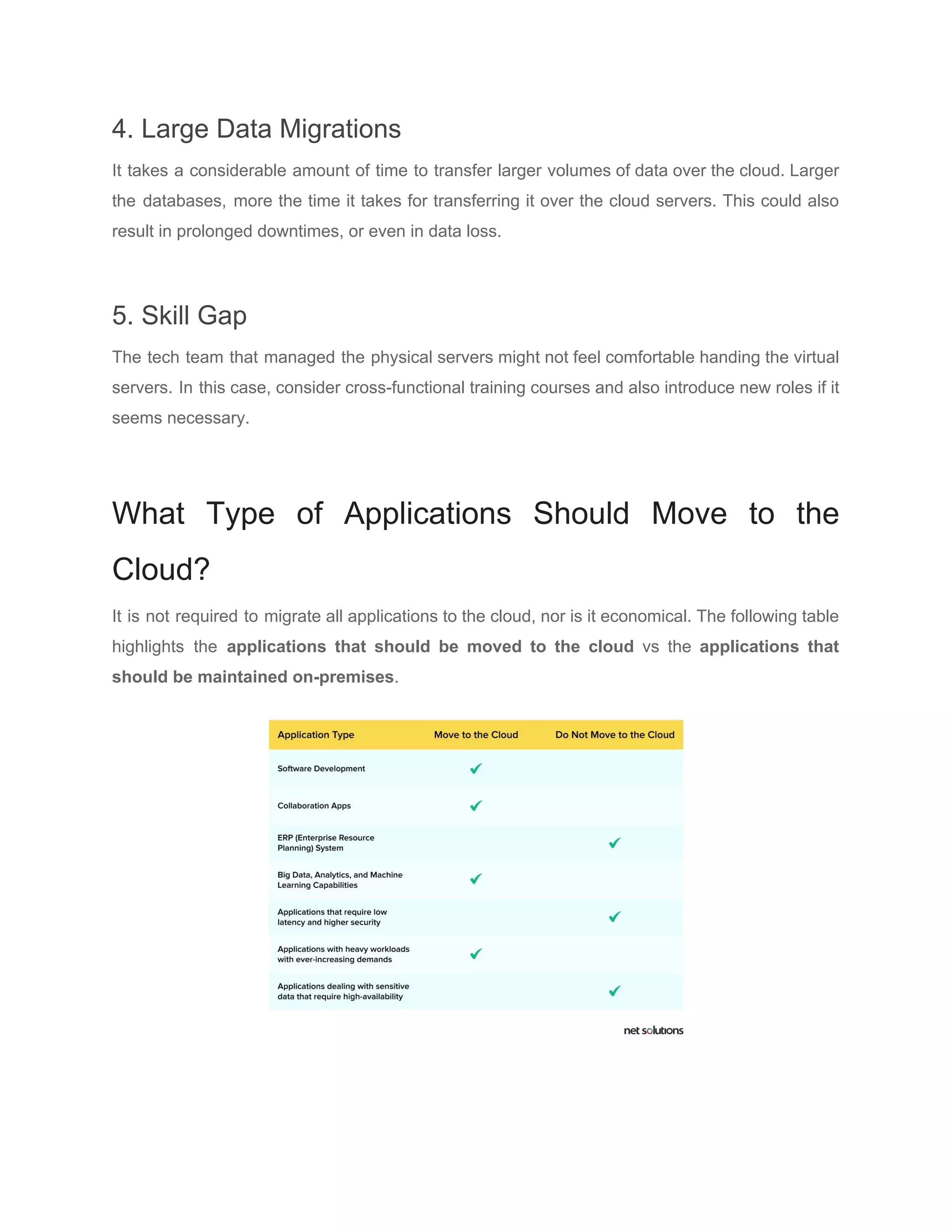 4. Large Data Migrations
It takes a considerable amount of time to transfer larger volumes of data over the cloud. Larger
the databases, more the time it takes for transferring it over the cloud servers. This could also
result in prolonged downtimes, or even in data loss.
5. Skill Gap
The tech team that managed the physical servers might not feel comfortable handing the virtual
servers. In this case, consider cross-functional training courses and also introduce new roles if it
seems necessary.
What Type of Applications Should Move to the
Cloud?
It is not required to migrate all applications to the cloud, nor is it economical. The following table
highlights the ​applications that should be moved to the cloud vs the ​applications that
should be maintained on-premises​.
 