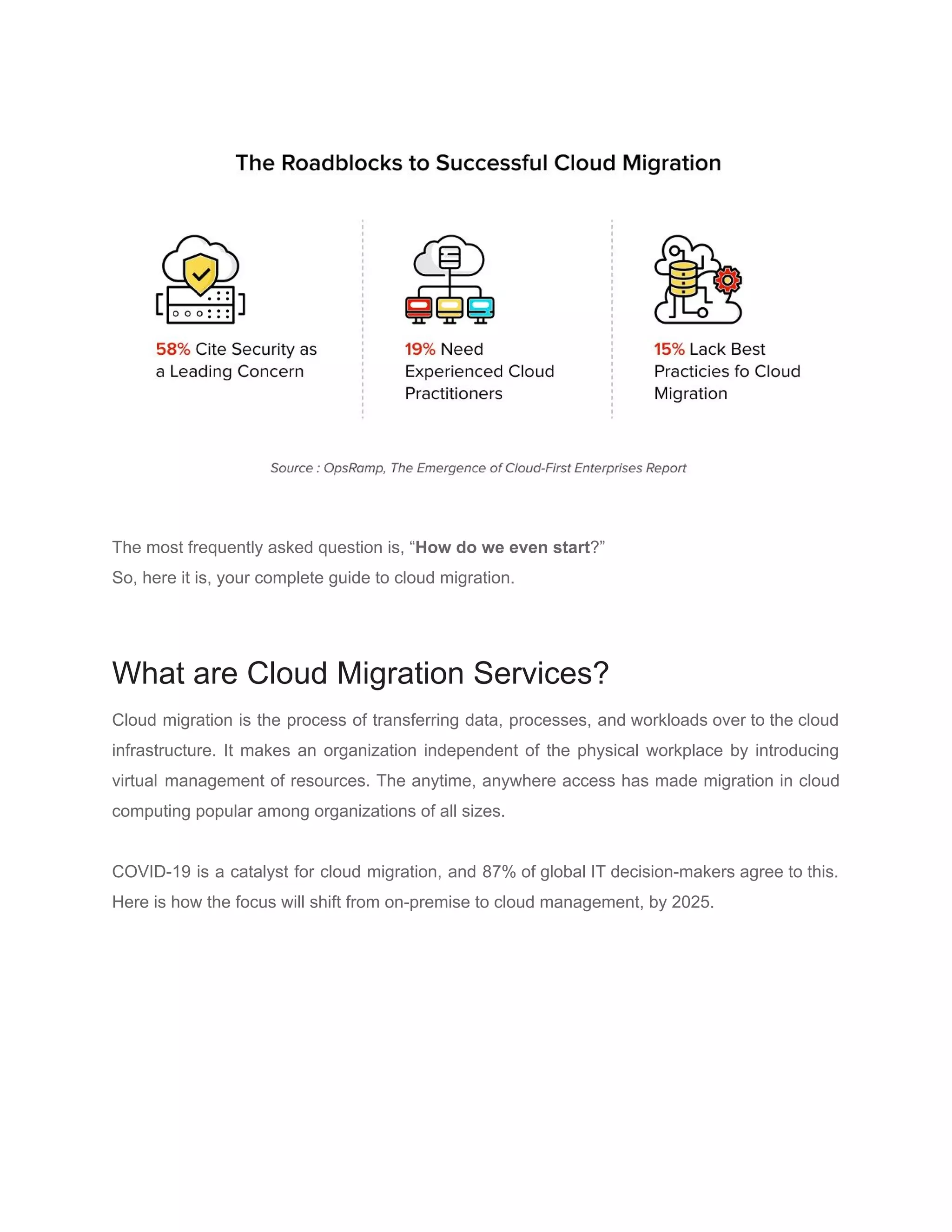 The most frequently asked question is, “​How do we even start​?”
So, here it is, your complete guide to cloud migration.
What are Cloud Migration Services?
Cloud migration is the process of transferring data, processes, and workloads over to the cloud
infrastructure. It makes an organization independent of the physical workplace by introducing
virtual management of resources. The anytime, anywhere access has made migration in cloud
computing popular among organizations of all sizes.
COVID-19 is a catalyst for cloud migration, and ​87% of global IT decision-makers agree to this.
Here is how the focus will shift from on-premise to cloud management, by 2025.
 