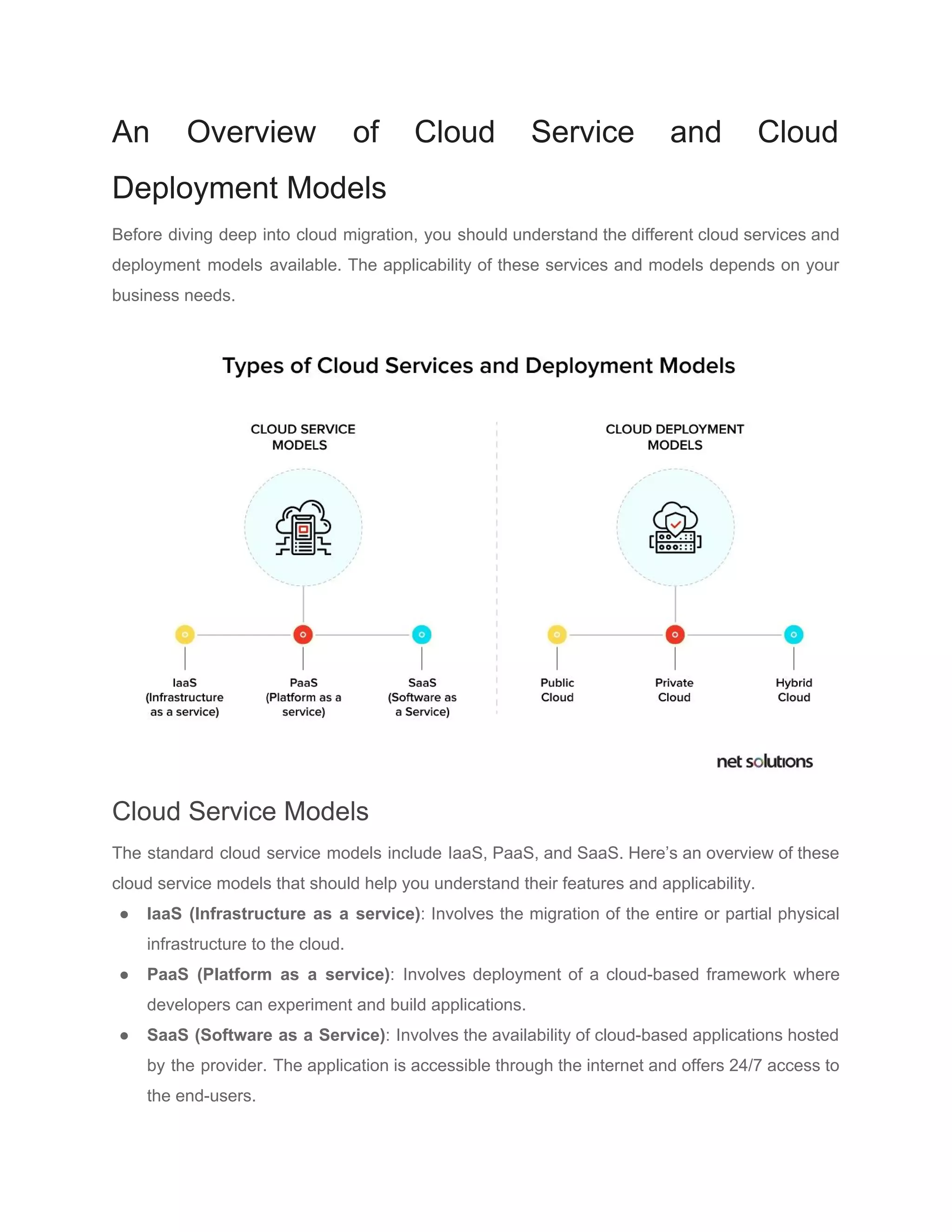 An Overview of Cloud Service and Cloud
Deployment Models
Before diving deep into cloud migration, you should understand the different cloud services and
deployment models available. The applicability of these services and models depends on your
business needs.
Cloud Service Models
The standard cloud service models include ​IaaS, PaaS, and SaaS​. Here’s an overview of these
cloud service models that should help you understand their features and applicability.
● IaaS (Infrastructure as a service)​: Involves the migration of the entire or partial physical
infrastructure to the cloud.
● PaaS (Platform as a service)​: Involves deployment of a cloud-based framework where
developers can experiment and build applications.
● SaaS (Software as a Service)​: Involves the availability of ​cloud-based applications hosted
by the provider. The application is accessible through the internet and offers 24/7 access to
the end-users.
 
