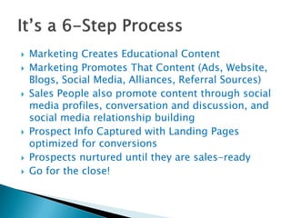 •Blogs, Content, Video, Tweets, and Social Network updates are all
indexed by Google

•Compelling content attracts audienc...