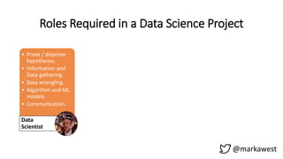 @markawest
Roles Required in a Data Science Project
• Prove / disprove
hypotheses.
• Information and
Data gathering.
• Data wrangling.
• Algorithm and ML
models.
• Communication.
Data
Scientist
• Build Data Driven
Platforms.
• Operationalize
Algorithms and
Machine Learning
models.
• Data Integration.
Data
Engineer
• Storytelling.
• Build Dashboards
and other Data
visualizations.
• Provide insight
through visual
means.
Visualization
Expert
• Project
Management.
• Manage
stakeholder
expectations.
• Maintain a Vision.
• Facilitate.
Process
Owner
 
