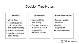 Decision Tree Notes
Benefits
• White Box.
• Flexible (use for
both regression
and classification).
• Robust to outliers.
• Handle non-linear
boundaries.
Limitations
• Susceptible to
overfitting.
• Changes to where
the Data is sliced
can produce
different results.
Some Alternatives
• Support Vector
Machine.
• Logistic
Regression.
• Random Forests.
@markawest
 