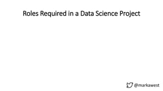@markawest
Roles Required in a Data Science Project
• Prove / disprove
hypotheses.
• Information and
Data Gathering.
• Dat...