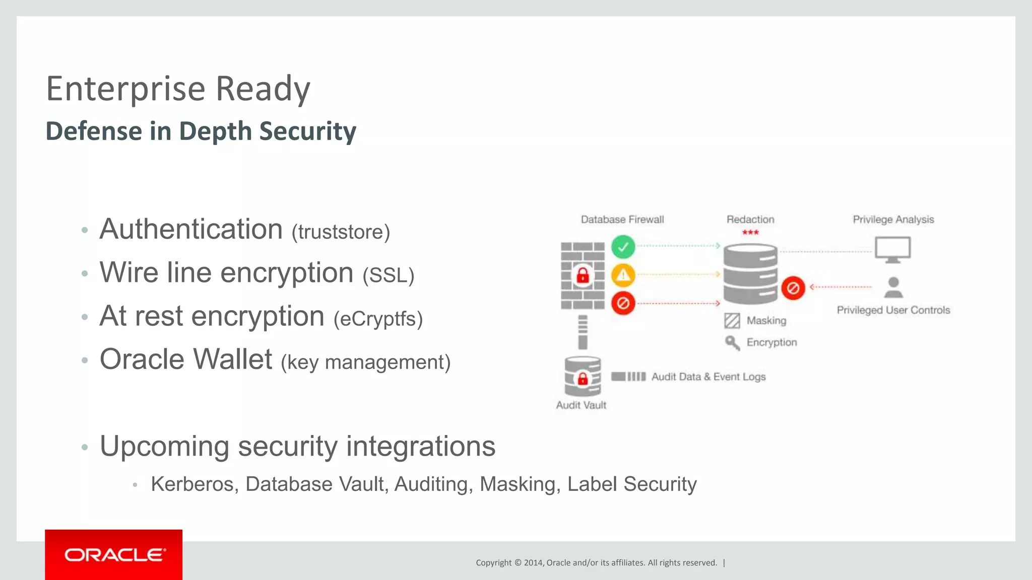 Copyright © 2014, Oracle and/or its affiliates. All rights reserved. | Enterprise Ready Defense in Depth Security • Authentication (truststore) • Wire line encryption (SSL) • At rest encryption (eCryptfs) • Oracle Wallet (key management) • Upcoming security integrations • Kerberos, Database Vault, Auditing, Masking, Label Security 