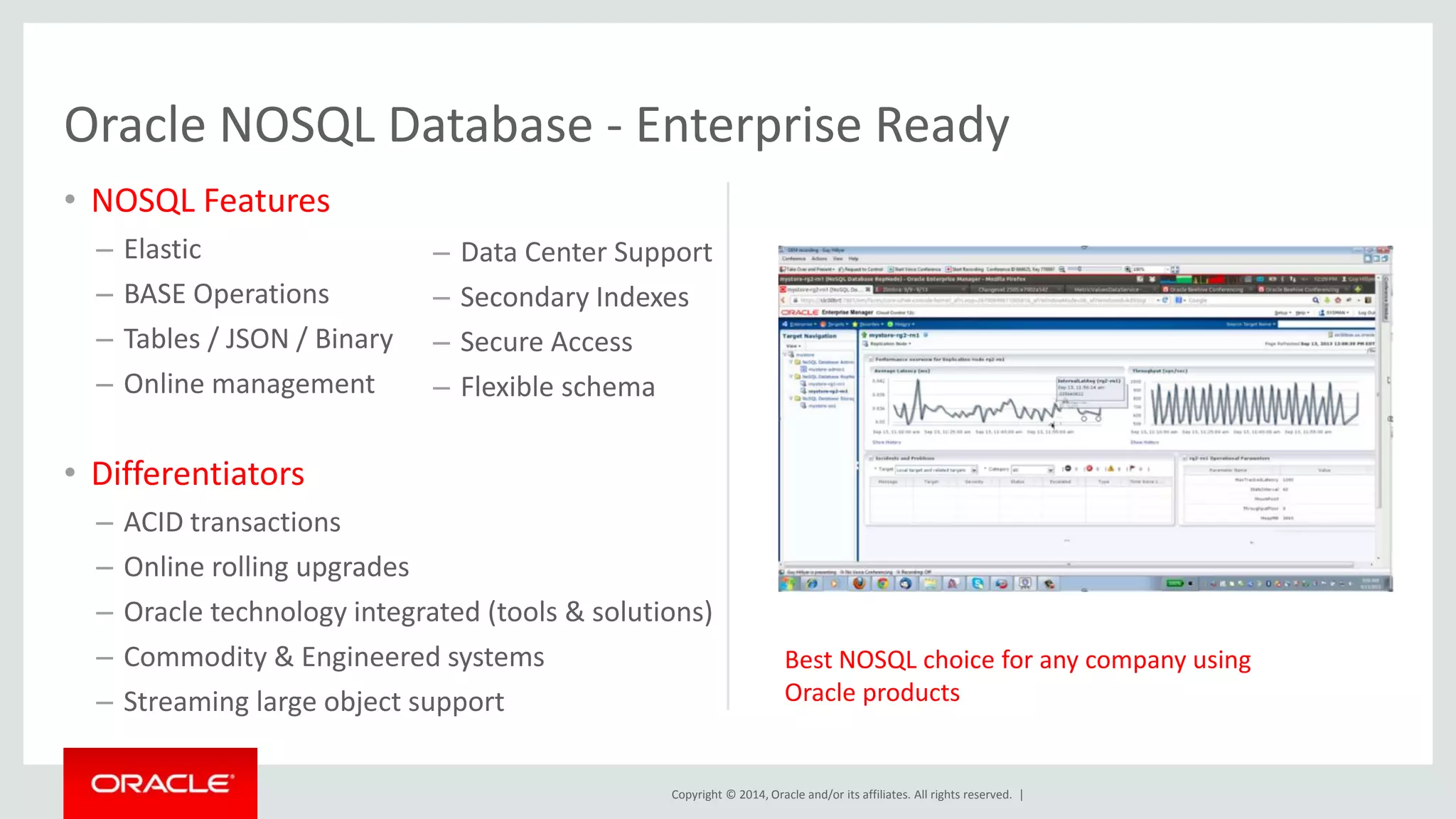 Oracle NOSQL Database - Enterprise Ready – Data Center Support – Secondary Indexes – Secure Access – Flexible schema Copyright © 2014, Oracle and/or its affiliates. All rights reserved. | • NOSQL Features – Elastic – BASE Operations – Tables / JSON / Binary – Online management • Differentiators – ACID transactions – Online rolling upgrades – Oracle technology integrated (tools & solutions) – Commodity & Engineered systems – Streaming large object support Best NOSQL choice for any company using Oracle products 