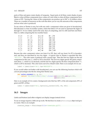 16.3. IMAGES 157
parts of blue and green create shades of turquoise. Equal parts of all three create shades of gray.
Black is when all three components have values of 0 and white is when all three components have
values of 255. Varying the values of the components can produce up to 2563
≈ 16 million colors.
There are a number of resources on the web that allow you to vary the amounts of the components
and see what color is produced.
To use colors in Tkinter is easy, but with one catch—component values are given in hexadecimal.
Hexadecimal is a base 16 number system, where the letters A-F are used to represent the digits 10
through 15. It was widely used in the early days of computing, and it is still used here and there.
Here is a table comparing the two number bases:
0 0 8 8 16 10 80 50
1 1 9 9 17 11 100 64
2 2 10 A 18 12 128 80
3 3 11 B 31 1F 160 A0
4 4 12 C 32 20 200 C8
5 5 13 D 33 21 254 FE
6 6 14 E 48 30 255 FF
7 7 15 F 64 40 256 100
Because the color component values run from 0 to 255, they will run from 0 to FF in hexadeci-
mal, and thus are described by two hex digits. A typical color in Tkinter is specified like this:
'#A202FF'. The color name is prefaced with a pound sign. Then the first two digits are the red
component (in this case A2, which is 162 in decimal). The next two digits specify the green compo-
nent (here 02, which is 2 in decimal), and the last two digits specify the blue component (here FF,
which is 255 in decimal). This color turns out to be a bluish violet. Here is an example of it in use:
label = Label(text='Hi', bg='#A202FF')
If you would rather not bother with hexadecimal, you can use the following function which will
convert percentages into the hex string that Tkinter uses.
def color_convert(r, g, b):
return '#{:02x}{:02x}{:02x}'.format(int(r*2.55),int(g*2.55),
int(b*2.55))
Here is an example of it to create a background color that has 100% of the red component, 85% of
green and 80% of blue.
label = Label(text='Hi', bg=color_convert(100, 85, 80))
16.3 Images
Labels and buttons (and other widgets) can display images instead of text.
To use an image requires a little set-up work. We first have to create a PhotoImage object and give
it a name. Here is an example:
cheetah_image = PhotoImage(file='cheetahs.gif')
 