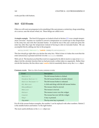 162 CHAPTER 16. GUI PROGRAMMING II
works just like with buttons.
16.8 GUI Events
Often we will want our programs to do something if the user presses a certain key, drags something
on a canvas, uses the mouse wheel, etc. These things are called events.
A simple example The first GUI program we looked at back in Section 15.1 was a simple temper-
ature converter. Anytime we wanted to convert a temperature we would type in the temperature
in the entry box and click the Calculate button. It would be nice if the user could just press the
enter key after they type the temperature instead of having to click to Calculate button. We can
accomplish this by adding one line to the program:
entry.bind('Return', lambda dummy=0:calculate())
This line should go right after you declare the entry box. What it does is it takes the event that the
enter (return) key is pressed and binds it to the calculate function.
Well, sort of. The function you bind the event to is supposed to be able to receive a copy of an Event
object, but the calculate function that we had previously written takes no arguments. Rather than
rewrite the function, the line above uses lambda trick to essentially throw away the Event object.
Common events Here is a list of some common events:
Event Description
Button-1 The left mouse button is clicked.
Double-Button-1 The left mouse button is double-clicked.
Button-Release-1 The left mouse button is released.
B1-Motion A click-and-drag with the left mouse button.
MouseWheel The mouse wheel is moved.
Motion The mouse is moved.
Enter The mouse is now over the widget.
Leave The mouse has now left the widget.
Key A key is pressed.
key name The key name key is pressed.
For all of the mouse button examples, the number 1 can be replaced with other numbers. Button 2
is the middle button and button 3 is the right button.
The most useful attributes in the Event object are:
 