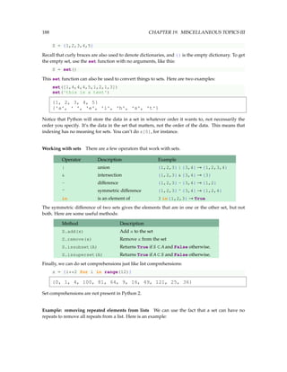 188 CHAPTER 19. MISCELLANEOUS TOPICS III
S = {1,2,3,4,5}
Recall that curly braces are also used to denote dictionaries, and {} is the empty dictionary. To get
the empty set, use the set function with no arguments, like this:
S = set()
This set function can also be used to convert things to sets. Here are two examples:
set([1,4,4,4,5,1,2,1,3])
set('this is a test')
{1, 2, 3, 4, 5}
{'a', ' ', 'e', 'i', 'h', 's', 't'}
Notice that Python will store the data in a set in whatever order it wants to, not necessarily the
order you specify. It’s the data in the set that matters, not the order of the data. This means that
indexing has no meaning for sets. You can’t do s[0], for instance.
Working with sets There are a few operators that work with sets.
Operator Description Example
| union {1,2,3} | {3,4} → {1,2,3,4}
 intersection {1,2,3}  {3,4} → {3}
- difference {1,2,3} - {3,4} → {1,2}
^ symmetric difference {1,2,3} ^ {3,4} → {1,2,4}
in is an element of 3 in{1,2,3} → True
The symmetric difference of two sets gives the elements that are in one or the other set, but not
both. Here are some useful methods:
Method Description
S.add(x) Add x to the set
S.remove(x) Remove x from the set
S.issubset(A) Returns True if S ⊂ A and False otherwise.
S.issuperset(A) Returns True if A ⊂ S and False otherwise.
Finally, we can do set comprehensions just like list comprehensions:
s = {i**2 for i in range(12)}
{0, 1, 4, 100, 81, 64, 9, 16, 49, 121, 25, 36}
Set comprehensions are not present in Python 2.
Example: removing repeated elements from lists We can use the fact that a set can have no
repeats to remove all repeats from a list. Here is an example:
 