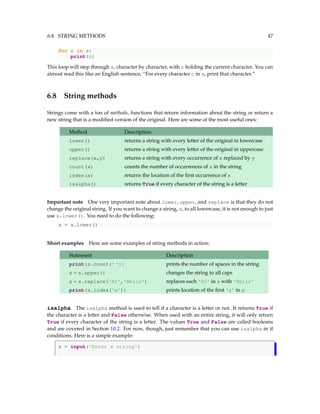 6.8. STRING METHODS 47
for c in s:
print(c)
This loop will step through s, character by character, with c holding the current character. You can
almost read this like an English sentence, “For every character c in s, print that character.”
6.8 String methods
Strings come with a ton of methods, functions that return information about the string or return a
new string that is a modified version of the original. Here are some of the most useful ones:
Method Description
lower() returns a string with every letter of the original in lowercase
upper() returns a string with every letter of the original in uppercase
replace(x,y) returns a string with every occurrence of x replaced by y
count(x) counts the number of occurrences of x in the string
index(x) returns the location of the first occurrence of x
isalpha() returns True if every character of the string is a letter
Important note One very important note about lower, upper, and replace is that they do not
change the original string. If you want to change a string, s, to all lowercase, it is not enough to just
use s.lower(). You need to do the following:
s = s.lower()
Short examples Here are some examples of string methods in action:
Statement Description
print(s.count(' ')) prints the number of spaces in the string
s = s.upper() changes the string to all caps
s = s.replace('Hi','Hello') replaces each 'Hi' in s with 'Hello'
print(s.index('a')) prints location of the first 'a' in s
isalpha The isalpha method is used to tell if a character is a letter or not. It returns True if
the character is a letter and False otherwise. When used with an entire string, it will only return
True if every character of the string is a letter. The values True and False are called booleans
and are covered in Section 10.2. For now, though, just remember that you can use isalpha in if
conditions. Here is a simple example:
s = input('Enter a string')
 