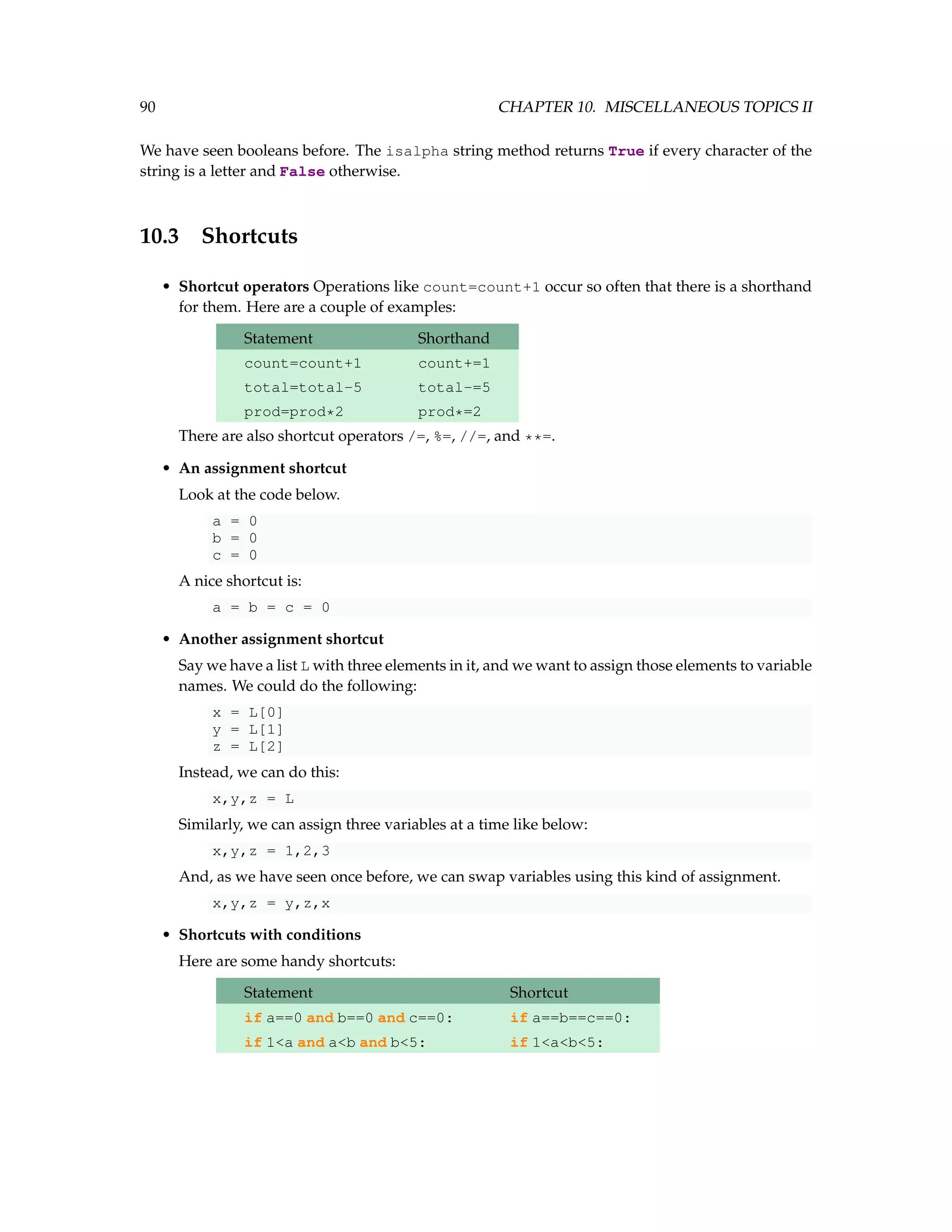 90 CHAPTER 10. MISCELLANEOUS TOPICS II We have seen booleans before. The isalpha string method returns True if every character of the string is a letter and False otherwise. 10.3 Shortcuts • Shortcut operators Operations like count=count+1 occur so often that there is a shorthand for them. Here are a couple of examples: Statement Shorthand count=count+1 count+=1 total=total-5 total-=5 prod=prod*2 prod*=2 There are also shortcut operators /=, %=, //=, and **=. • An assignment shortcut Look at the code below. a = 0 b = 0 c = 0 A nice shortcut is: a = b = c = 0 • Another assignment shortcut Say we have a list L with three elements in it, and we want to assign those elements to variable names. We could do the following: x = L[0] y = L[1] z = L[2] Instead, we can do this: x,y,z = L Similarly, we can assign three variables at a time like below: x,y,z = 1,2,3 And, as we have seen once before, we can swap variables using this kind of assignment. x,y,z = y,z,x • Shortcuts with conditions Here are some handy shortcuts: Statement Shortcut if a==0 and b==0 and c==0: if a==b==c==0: if 1<a and a<b and b<5: if 1<a<b<5: 