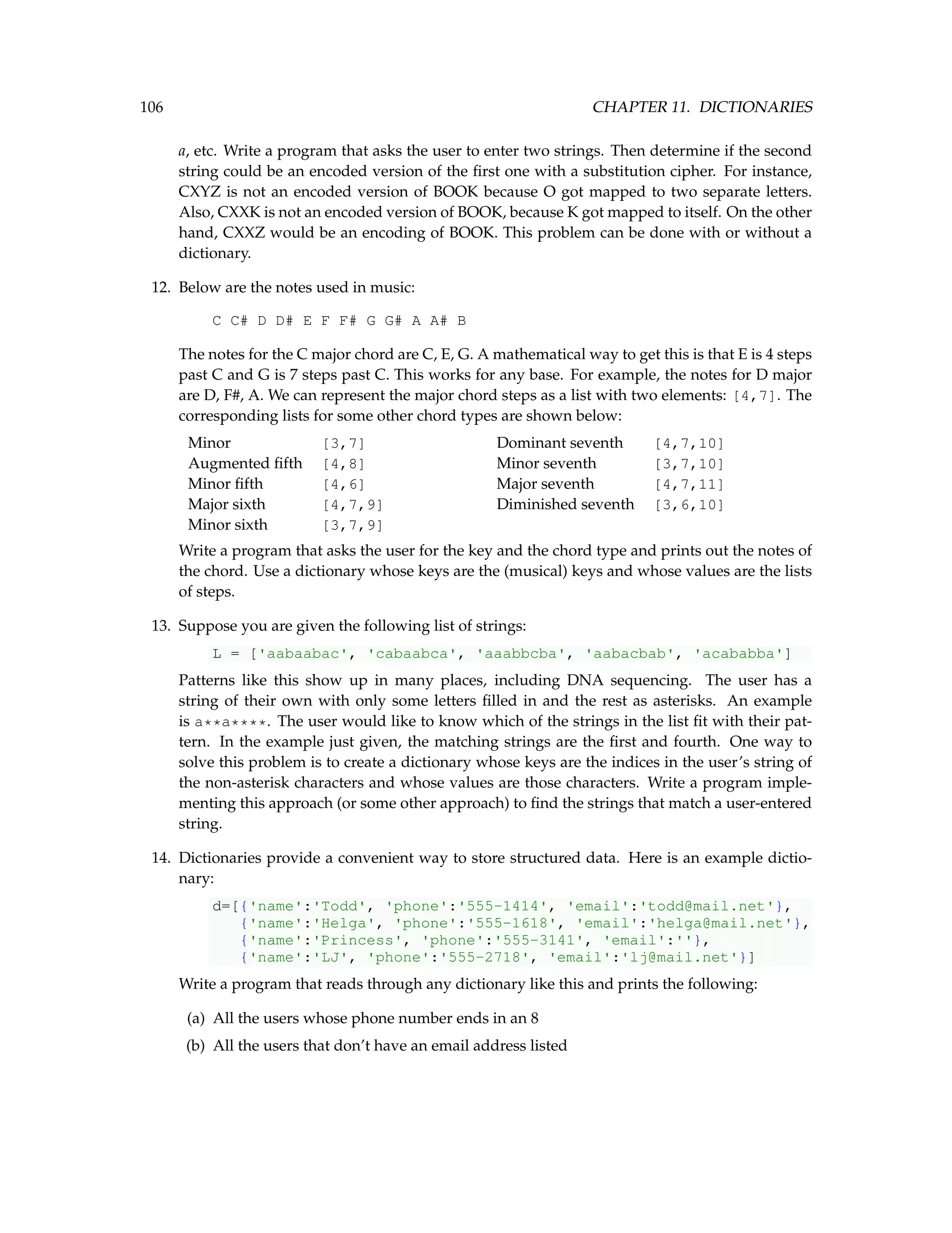 106 CHAPTER 11. DICTIONARIES a, etc. Write a program that asks the user to enter two strings. Then determine if the second string could be an encoded version of the first one with a substitution cipher. For instance, CXYZ is not an encoded version of BOOK because O got mapped to two separate letters. Also, CXXK is not an encoded version of BOOK, because K got mapped to itself. On the other hand, CXXZ would be an encoding of BOOK. This problem can be done with or without a dictionary. 12. Below are the notes used in music: C C# D D# E F F# G G# A A# B The notes for the C major chord are C, E, G. A mathematical way to get this is that E is 4 steps past C and G is 7 steps past C. This works for any base. For example, the notes for D major are D, F#, A. We can represent the major chord steps as a list with two elements: [4,7]. The corresponding lists for some other chord types are shown below: Minor [3,7] Dominant seventh [4,7,10] Augmented fifth [4,8] Minor seventh [3,7,10] Minor fifth [4,6] Major seventh [4,7,11] Major sixth [4,7,9] Diminished seventh [3,6,10] Minor sixth [3,7,9] Write a program that asks the user for the key and the chord type and prints out the notes of the chord. Use a dictionary whose keys are the (musical) keys and whose values are the lists of steps. 13. Suppose you are given the following list of strings: L = ['aabaabac', 'cabaabca', 'aaabbcba', 'aabacbab', 'acababba'] Patterns like this show up in many places, including DNA sequencing. The user has a string of their own with only some letters filled in and the rest as asterisks. An example is a**a****. The user would like to know which of the strings in the list fit with their pat- tern. In the example just given, the matching strings are the first and fourth. One way to solve this problem is to create a dictionary whose keys are the indices in the user’s string of the non-asterisk characters and whose values are those characters. Write a program imple- menting this approach (or some other approach) to find the strings that match a user-entered string. 14. Dictionaries provide a convenient way to store structured data. Here is an example dictio- nary: d=[{'name':'Todd', 'phone':'555-1414', 'email':'todd@mail.net'}, {'name':'Helga', 'phone':'555-1618', 'email':'helga@mail.net'}, {'name':'Princess', 'phone':'555-3141', 'email':''}, {'name':'LJ', 'phone':'555-2718', 'email':'lj@mail.net'}] Write a program that reads through any dictionary like this and prints the following: (a) All the users whose phone number ends in an 8 (b) All the users that don’t have an email address listed 