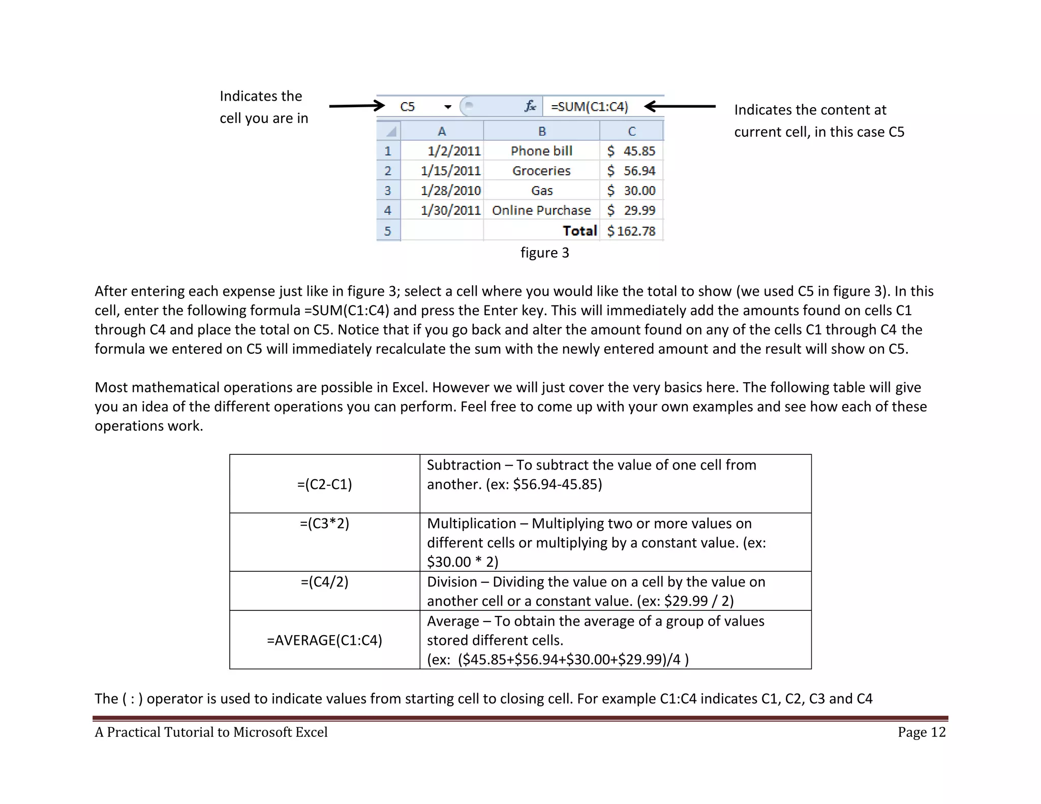 A Practical Tutorial to Microsoft Excel Page 12
figure 3
After entering each expense just like in figure 3; select a cell where you would like the total to show (we used C5 in figure 3). In this
cell, enter the following formula =SUM(C1:C4) and press the Enter key. This will immediately add the amounts found on cells C1
through C4 and place the total on C5. Notice that if you go back and alter the amount found on any of the cells C1 through C4 the
formula we entered on C5 will immediately recalculate the sum with the newly entered amount and the result will show on C5.
Most mathematical operations are possible in Excel. However we will just cover the very basics here. The following table will give
you an idea of the different operations you can perform. Feel free to come up with your own examples and see how each of these
operations work.
=(C2-C1)
Subtraction – To subtract the value of one cell from
another. (ex: $56.94-45.85)
=(C3*2) Multiplication – Multiplying two or more values on
different cells or multiplying by a constant value. (ex:
$30.00 * 2)
=(C4/2) Division – Dividing the value on a cell by the value on
another cell or a constant value. (ex: $29.99 / 2)
=AVERAGE(C1:C4)
Average – To obtain the average of a group of values
stored different cells.
(ex: ($45.85+$56.94+$30.00+$29.99)/4 )
The ( : ) operator is used to indicate values from starting cell to closing cell. For example C1:C4 indicates C1, C2, C3 and C4
Indicates the
cell you are in
Indicates the content at
current cell, in this case C5
 