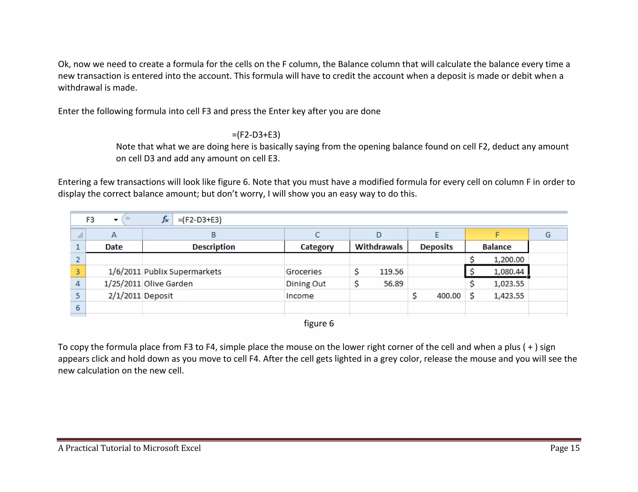 A Practical Tutorial to Microsoft Excel Page 15
Ok, now we need to create a formula for the cells on the F column, the Balance column that will calculate the balance every time a
new transaction is entered into the account. This formula will have to credit the account when a deposit is made or debit when a
withdrawal is made.
Enter the following formula into cell F3 and press the Enter key after you are done
=(F2-D3+E3)
Note that what we are doing here is basically saying from the opening balance found on cell F2, deduct any amount
on cell D3 and add any amount on cell E3.
Entering a few transactions will look like figure 6. Note that you must have a modified formula for every cell on column F in order to
display the correct balance amount; but don’t worry, I will show you an easy way to do this.
figure 6
To copy the formula place from F3 to F4, simple place the mouse on the lower right corner of the cell and when a plus ( + ) sign
appears click and hold down as you move to cell F4. After the cell gets lighted in a grey color, release the mouse and you will see the
new calculation on the new cell.
 