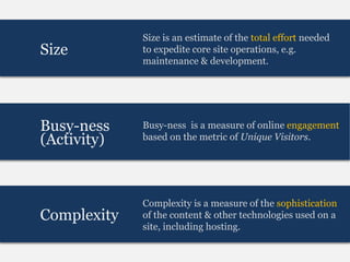Size is an estimate of the total effort needed
Size         to expedite core site operations, e.g.
             maintenance & development.




Busy-ness    Busy-ness is a measure of online engagement
(Activity)   based on the metric of Unique Visitors.




             Complexity is a measure of the sophistication
Complexity   of the content & other technologies used on a
             site, including hosting.
 