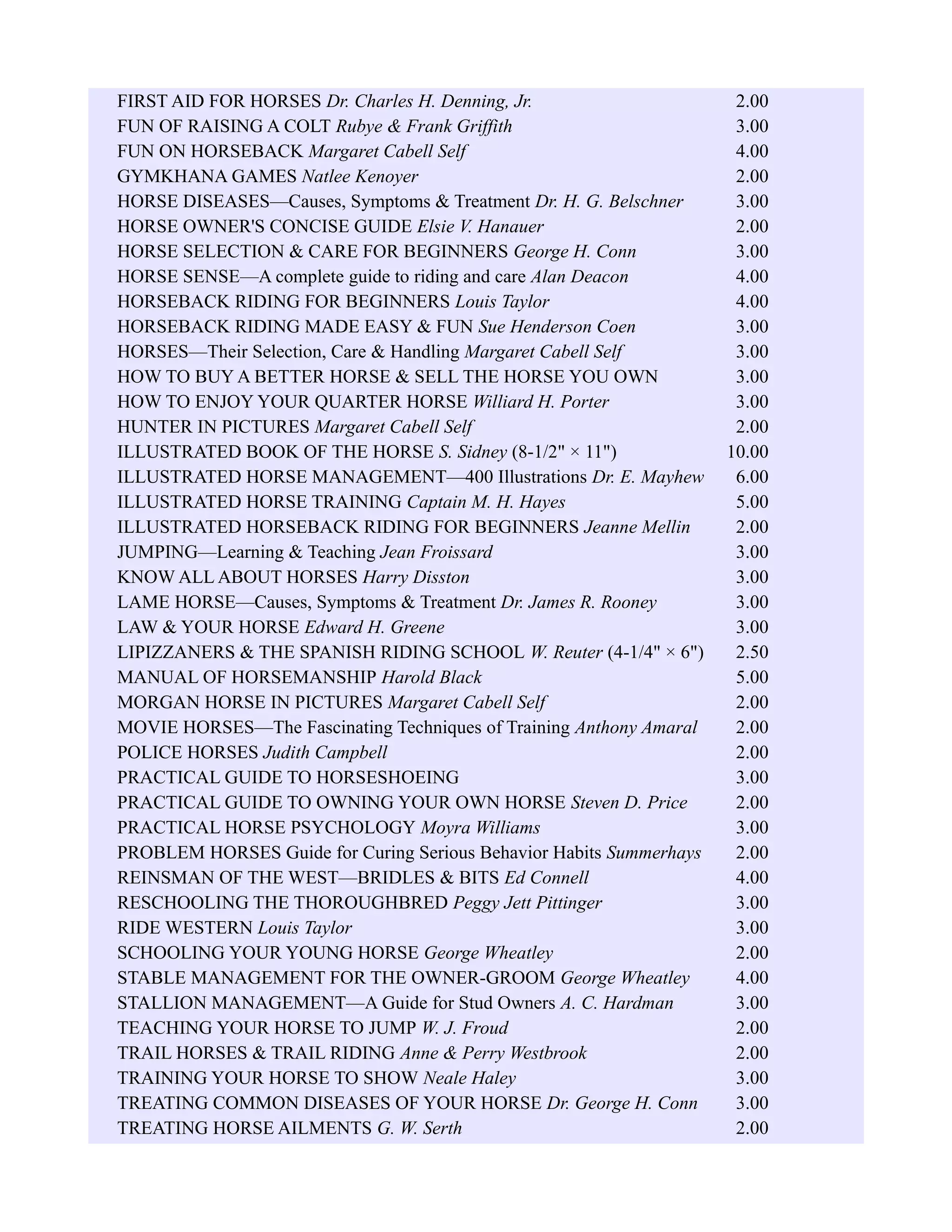 FIRST AID FOR HORSES Dr. Charles H. Denning, Jr. 2.00
FUN OF RAISING A COLT Rubye & Frank Griffith 3.00
FUN ON HORSEBACK Margaret Cabell Self 4.00
GYMKHANA GAMES Natlee Kenoyer 2.00
HORSE DISEASES—Causes, Symptoms & Treatment Dr. H. G. Belschner 3.00
HORSE OWNER'S CONCISE GUIDE Elsie V. Hanauer 2.00
HORSE SELECTION & CARE FOR BEGINNERS George H. Conn 3.00
HORSE SENSE—A complete guide to riding and care Alan Deacon 4.00
HORSEBACK RIDING FOR BEGINNERS Louis Taylor 4.00
HORSEBACK RIDING MADE EASY & FUN Sue Henderson Coen 3.00
HORSES—Their Selection, Care & Handling Margaret Cabell Self 3.00
HOW TO BUY A BETTER HORSE & SELL THE HORSE YOU OWN 3.00
HOW TO ENJOY YOUR QUARTER HORSE Williard H. Porter 3.00
HUNTER IN PICTURES Margaret Cabell Self 2.00
ILLUSTRATED BOOK OF THE HORSE S. Sidney (8-1/2" × 11") 10.00
ILLUSTRATED HORSE MANAGEMENT—400 Illustrations Dr. E. Mayhew 6.00
ILLUSTRATED HORSE TRAINING Captain M. H. Hayes 5.00
ILLUSTRATED HORSEBACK RIDING FOR BEGINNERS Jeanne Mellin 2.00
JUMPING—Learning & Teaching Jean Froissard 3.00
KNOW ALL ABOUT HORSES Harry Disston 3.00
LAME HORSE—Causes, Symptoms & Treatment Dr. James R. Rooney 3.00
LAW & YOUR HORSE Edward H. Greene 3.00
LIPIZZANERS & THE SPANISH RIDING SCHOOL W. Reuter (4-1/4" × 6") 2.50
MANUAL OF HORSEMANSHIP Harold Black 5.00
MORGAN HORSE IN PICTURES Margaret Cabell Self 2.00
MOVIE HORSES—The Fascinating Techniques of Training Anthony Amaral 2.00
POLICE HORSES Judith Campbell 2.00
PRACTICAL GUIDE TO HORSESHOEING 3.00
PRACTICAL GUIDE TO OWNING YOUR OWN HORSE Steven D. Price 2.00
PRACTICAL HORSE PSYCHOLOGY Moyra Williams 3.00
PROBLEM HORSES Guide for Curing Serious Behavior Habits Summerhays 2.00
REINSMAN OF THE WEST—BRIDLES & BITS Ed Connell 4.00
RESCHOOLING THE THOROUGHBRED Peggy Jett Pittinger 3.00
RIDE WESTERN Louis Taylor 3.00
SCHOOLING YOUR YOUNG HORSE George Wheatley 2.00
STABLE MANAGEMENT FOR THE OWNER-GROOM George Wheatley 4.00
STALLION MANAGEMENT—A Guide for Stud Owners A. C. Hardman 3.00
TEACHING YOUR HORSE TO JUMP W. J. Froud 2.00
TRAIL HORSES & TRAIL RIDING Anne & Perry Westbrook 2.00
TRAINING YOUR HORSE TO SHOW Neale Haley 3.00
TREATING COMMON DISEASES OF YOUR HORSE Dr. George H. Conn 3.00
TREATING HORSE AILMENTS G. W. Serth 2.00
 