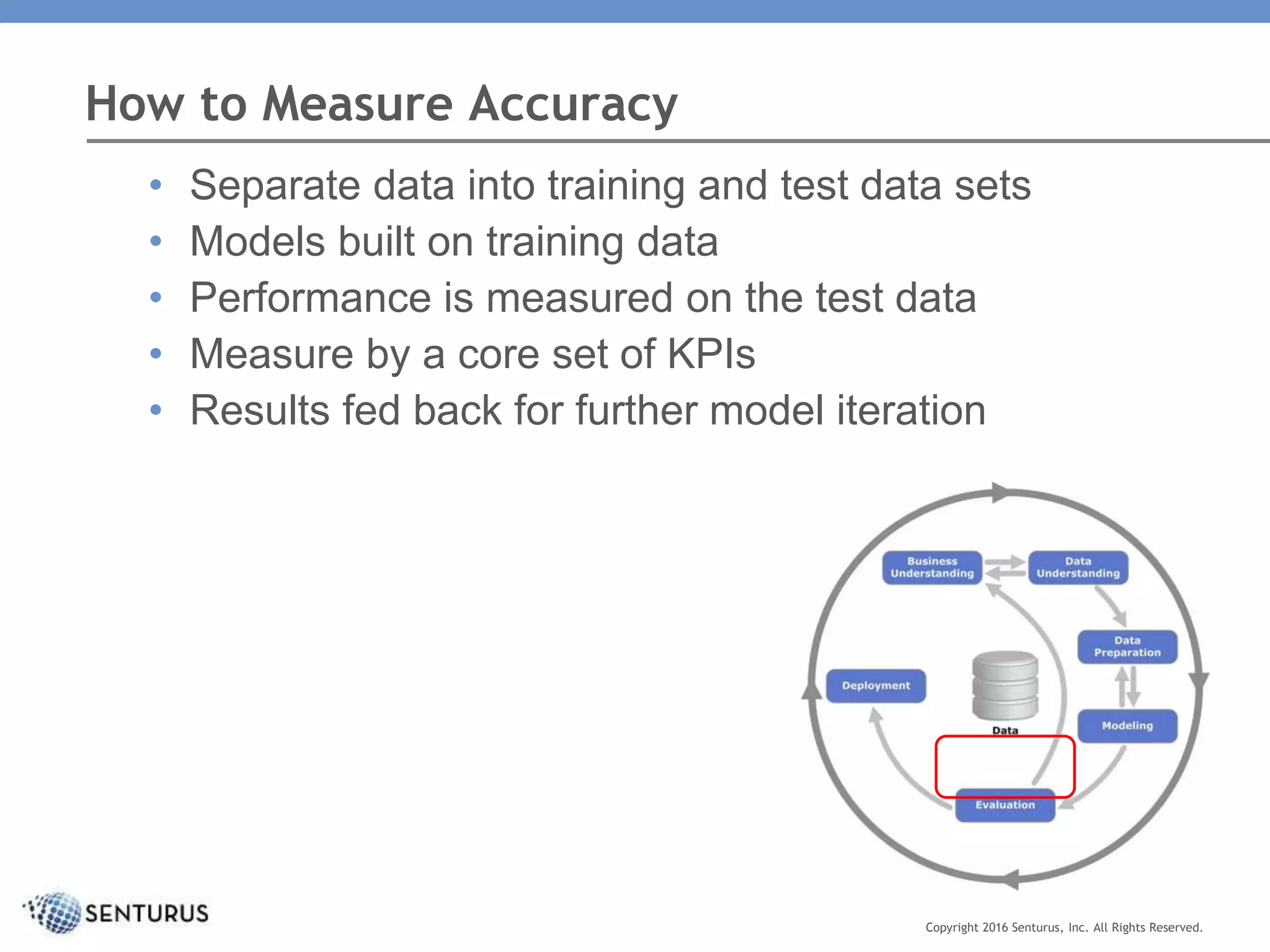 How to Measure Accuracy
Copyright 2016 Senturus, Inc. All Rights Reserved.
• Separate data into training and test data sets
• Models built on training data
• Performance is measured on the test data
• Measure by a core set of KPIs
• Results fed back for further model iteration
 