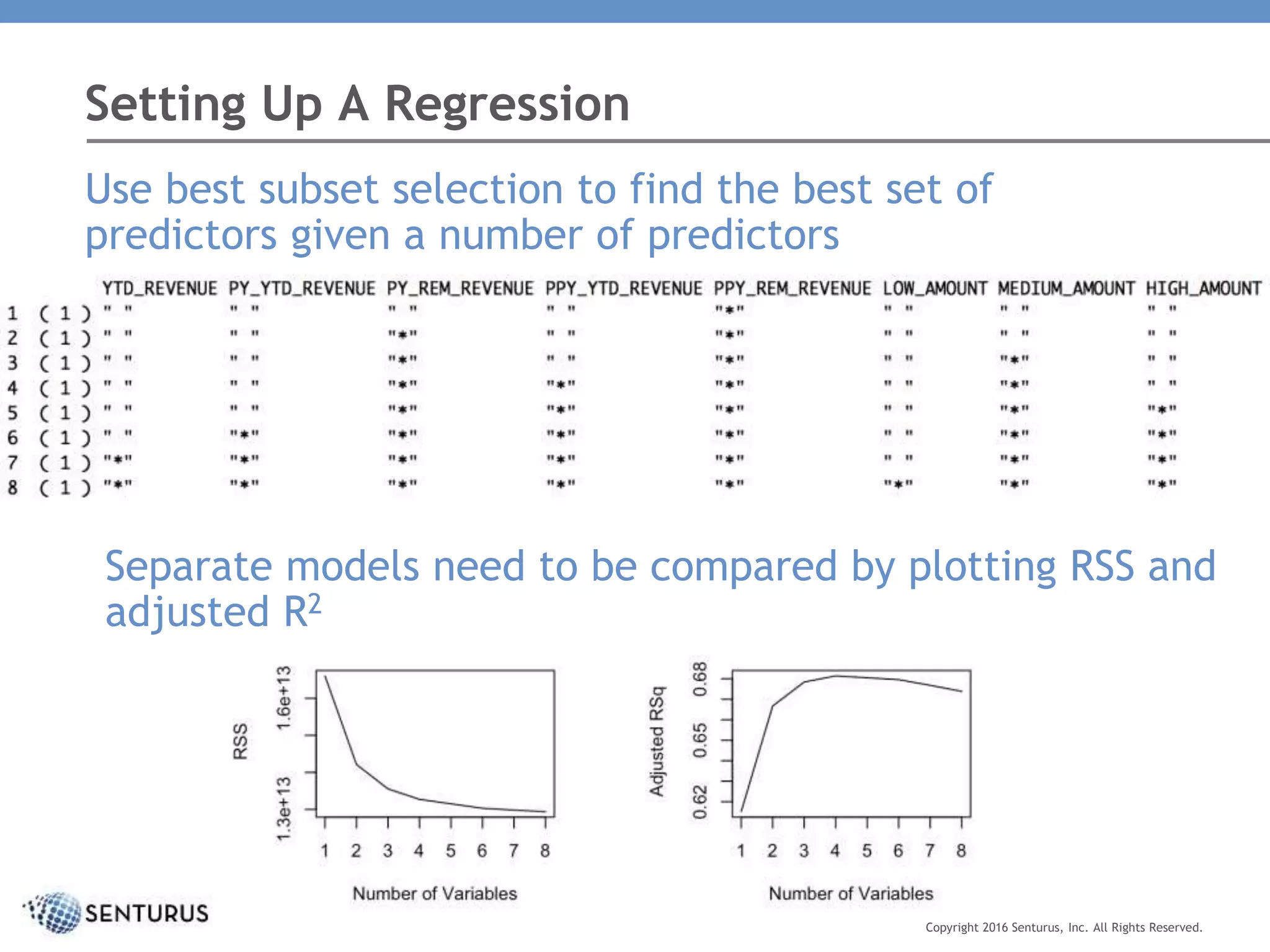 Setting Up A Regression
Copyright 2016 Senturus, Inc. All Rights Reserved.
Use best subset selection to find the best set of
predictors given a number of predictors
Separate models need to be compared by plotting RSS and
adjusted R2
 