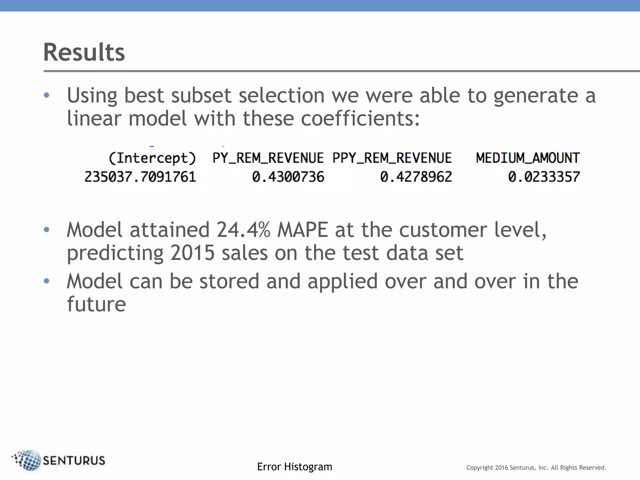 Results
Copyright 2016 Senturus, Inc. All Rights Reserved.
• Using best subset selection we were able to generate a
linear model with these coefficients:
• Model attained 24.4% MAPE at the customer level,
predicting 2015 sales on the test data set
• Model can be stored and applied over and over in the
future
Error Histogram
 