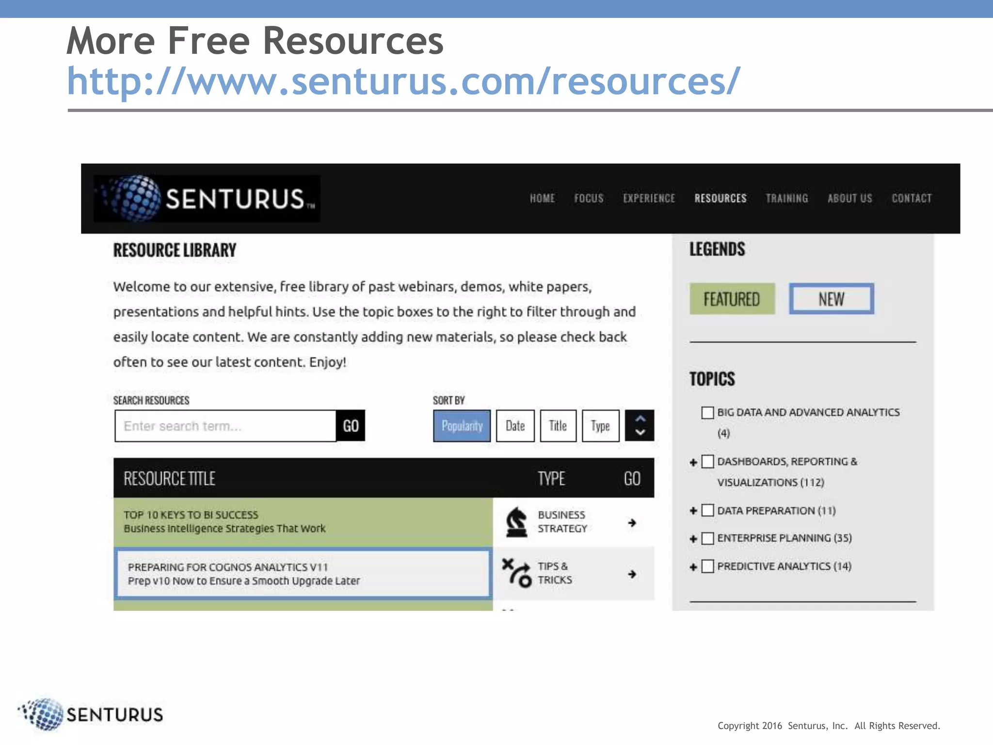 More Free Resources
http://www.senturus.com/resources/
Copyright 2016 Senturus, Inc. All Rights Reserved.
 