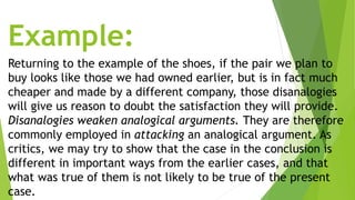 Example:
Returning to the example of the shoes, if the pair we plan to
buy looks like those we had owned earlier, but is in fact much
cheaper and made by a different company, those disanalogies
will give us reason to doubt the satisfaction they will provide.
Disanalogies weaken analogical arguments. They are therefore
commonly employed in attacking an analogical argument. As
critics, we may try to show that the case in the conclusion is
different in important ways from the earlier cases, and that
what was true of them is not likely to be true of the present
case.
 