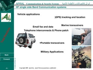 HF single side Band Communication systems Vehicle applications   ) GPS) tracking and location   Marine transceivers   Email fax and data   Telephone interconnects & Phone patch   ,[object Object],Military Applications  