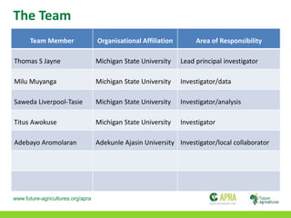 www.future-agricultures.org/apra
The Team
Team Member Organisational Affiliation Area of Responsibility
Thomas S Jayne Michigan State University Lead principal investigator
Milu Muyanga Michigan State University Investigator/data
Saweda Liverpool-Tasie Michigan State University Investigator/analysis
Titus Awokuse Michigan State University Investigator
Adebayo Aromolaran Adekunle Ajasin University Investigator/local collaborator
 