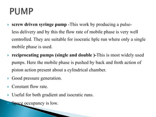  screw driven syringe pump -This work by producing a pulse-
less delivery and by this the flow rate of mobile phase is very well
controlled. They are suitable for isocratic hplc run where only a single
mobile phase is used.
 reciprocating pumps (single and double )-This is most widely used
pumps. Here the mobile phase is pushed by back and froth action of
piston action present about a cylindrical chamber.
 Good pressure generation.
 Constant flow rate.
 Useful for both gradient and isocratic runs.
 Space occupancy is low.
 