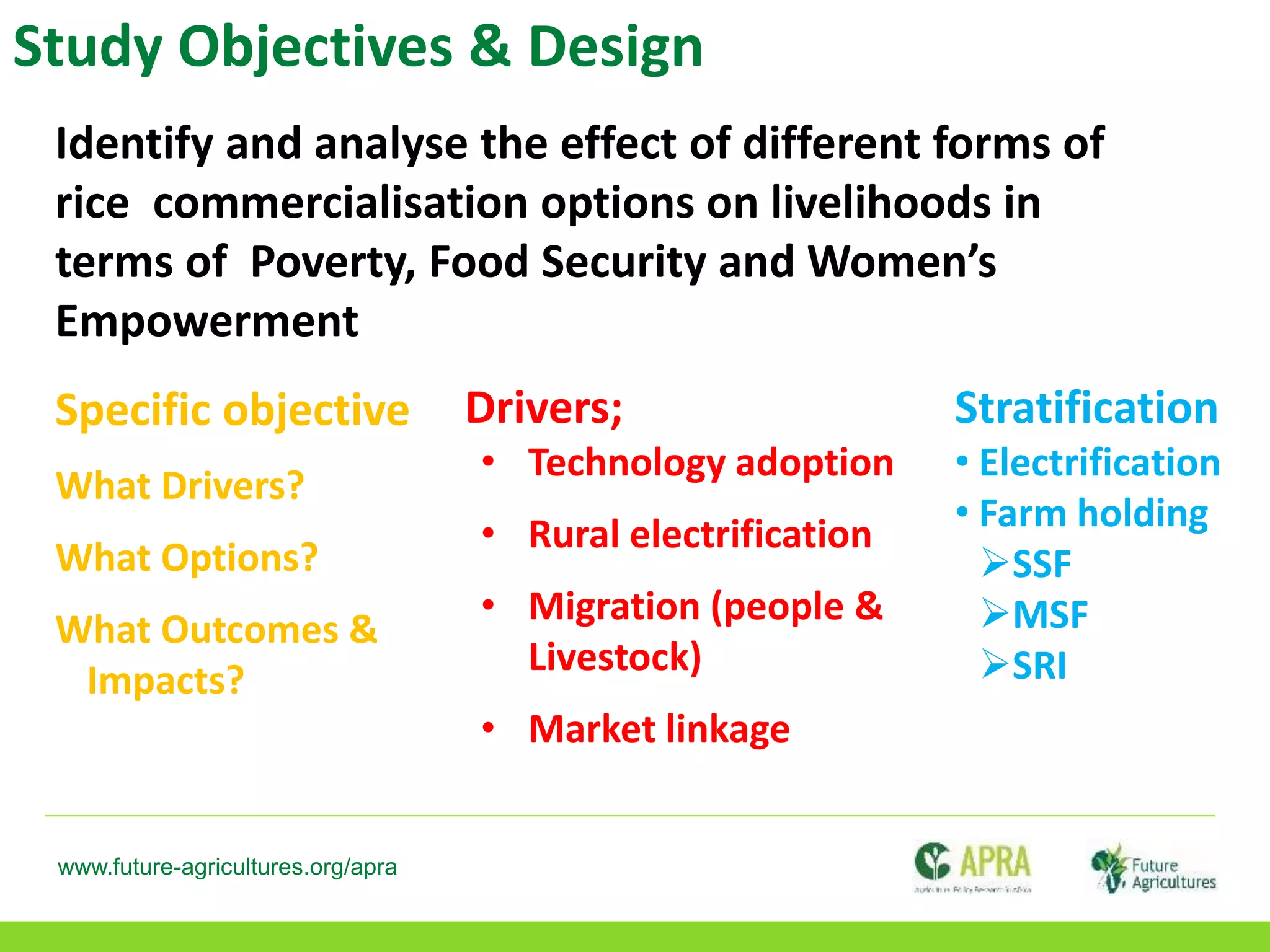 www.future-agricultures.org/apra
Study Objectives & Design
Drivers;
• Technology adoption
• Rural electrification
• Migration (people &
Livestock)
• Market linkage
Stratification
• Electrification
• Farm holding
SSF
MSF
SRI
Identify and analyse the effect of different forms of
rice commercialisation options on livelihoods in
terms of Poverty, Food Security and Women’s
Empowerment
Specific objective
What Drivers?
What Options?
What Outcomes &
Impacts?
 