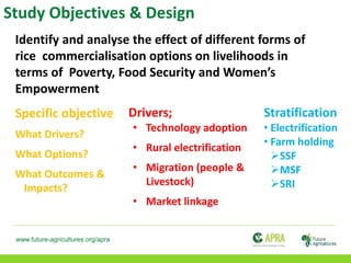 www.future-agricultures.org/apra
Study Objectives & Design
Drivers;
• Technology adoption
• Rural electrification
• Migration (people &
Livestock)
• Market linkage
Stratification
• Electrification
• Farm holding
SSF
MSF
SRI
Identify and analyse the effect of different forms of
rice commercialisation options on livelihoods in
terms of Poverty, Food Security and Women’s
Empowerment
Specific objective
What Drivers?
What Options?
What Outcomes &
Impacts?
 